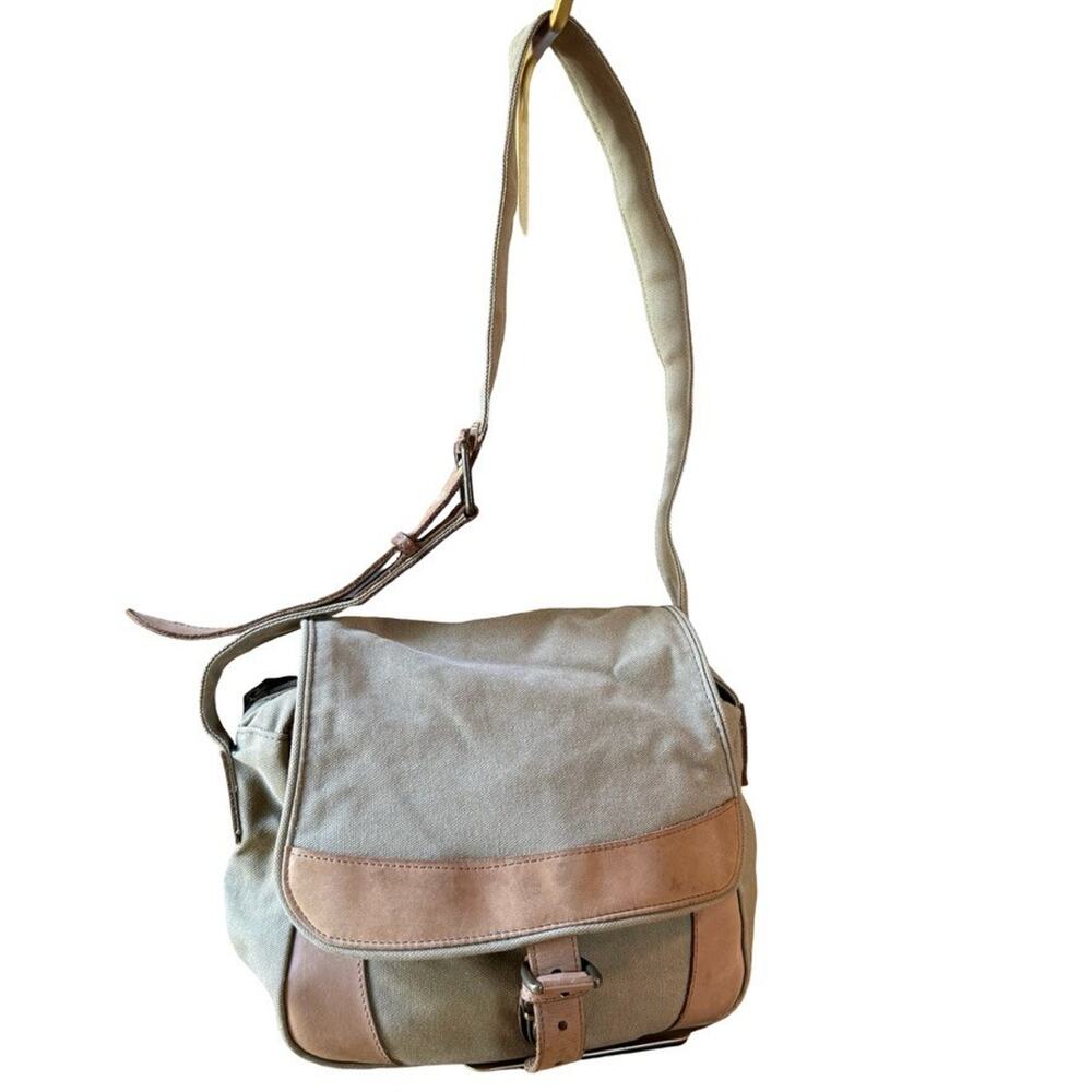 LL Bean Cotton Canvas Leather Trim Crossbody Vintage Messenger Bag Purse 10x12